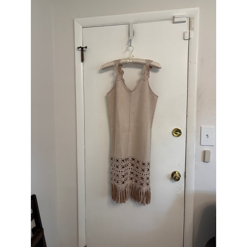 I. Madeline Tan Faux Suede Fringe Laser Cut Shift Dress Beige Medium NWT - Picture 3 of 8